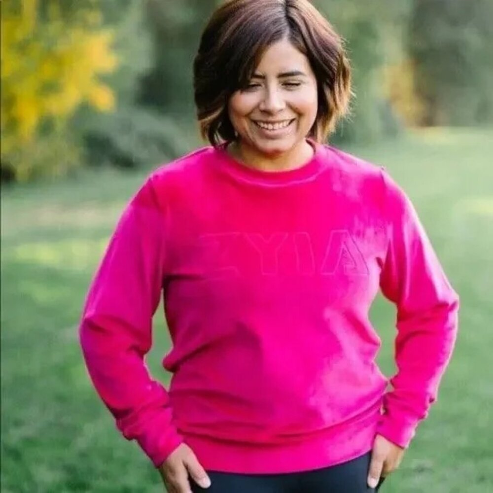 ZYIA Active size Large Fuchsia Pink Velvet Spell Out Pullover Sweatshirt NEW